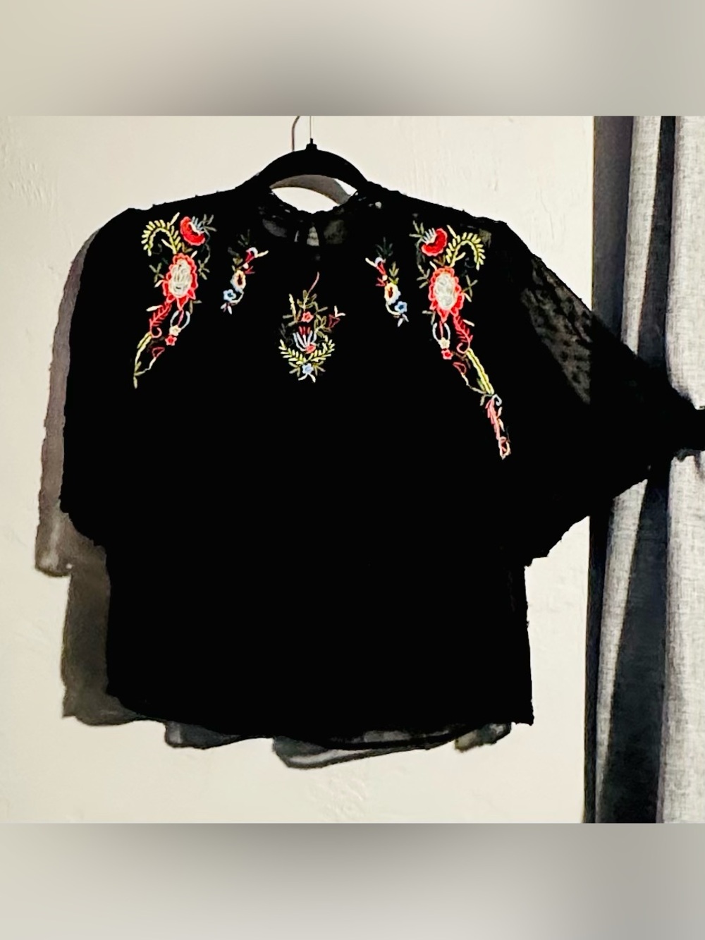 Zara Embroidered Plumetis Black Swiss Dot Flutter Sleeve Blouse